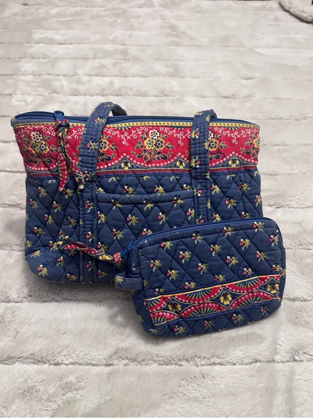 Vintage Vera Bradley Quilted Navy Bag Tote and Pouch with Floral Pattern